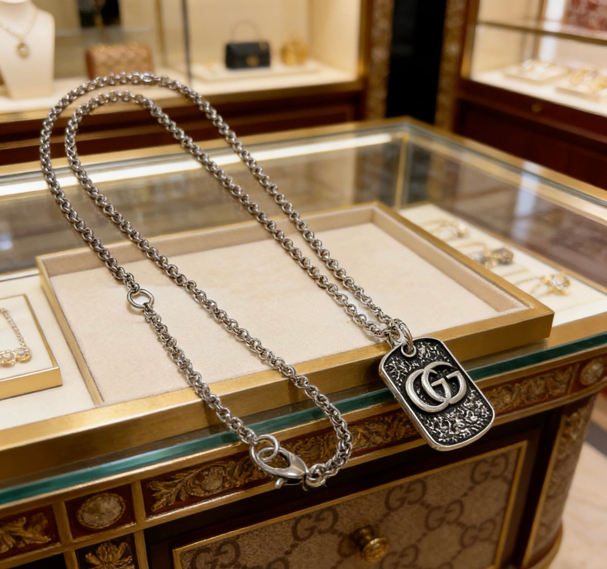 Double-G Emblem Pendant Necklace in Silver-Tone – Vintage Detail – Design 013 styled product view