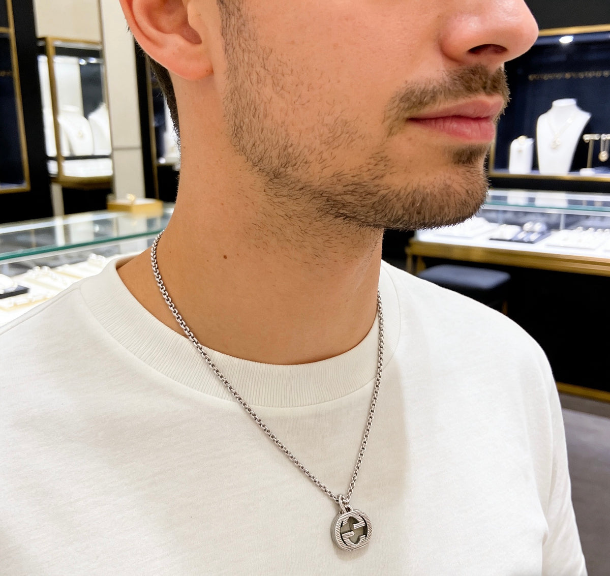Double-G Emblem Pendant Necklace in Silver-Tone – Vintage Detail – Design 012 styled product view