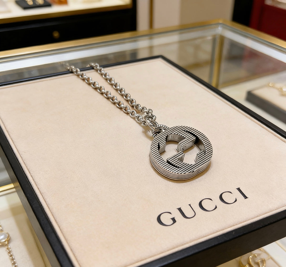 Double-G Emblem Pendant Necklace in Silver-Tone – Vintage Detail – Design 012 front product view
