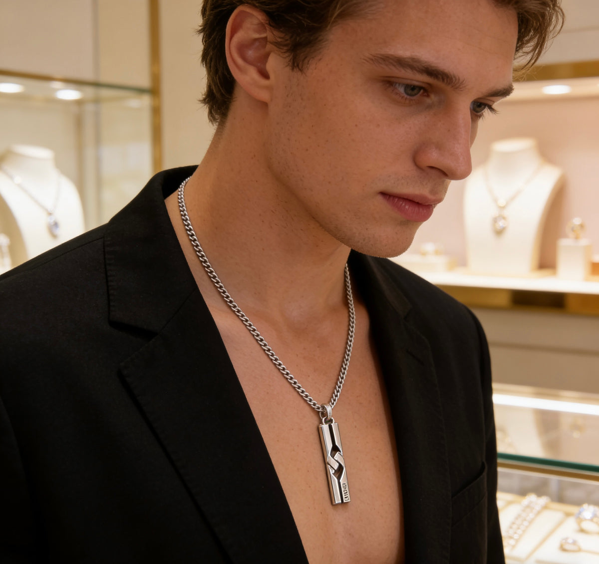 Double-G Emblem Pendant Necklace in Silver-Tone – Vintage Detail – Design 011 front product view