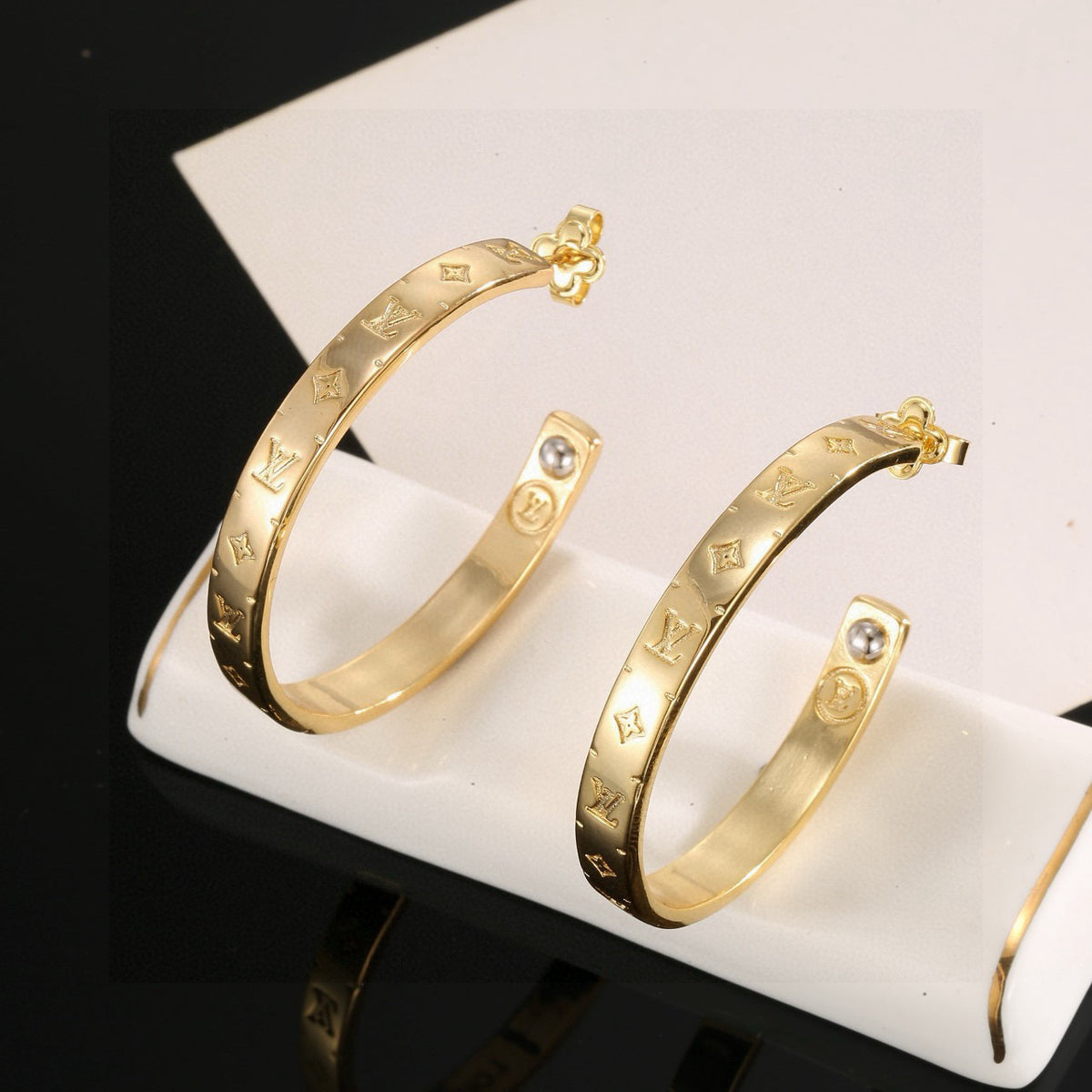 Letter Emblem Stud Earrings in Polished Metal-Tone – Design 012 main product view