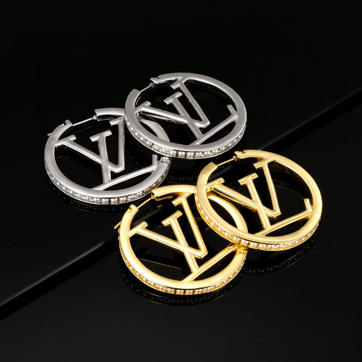 Letter Emblem Stud Earrings in Polished Metal-Tone – Design 011 main product view