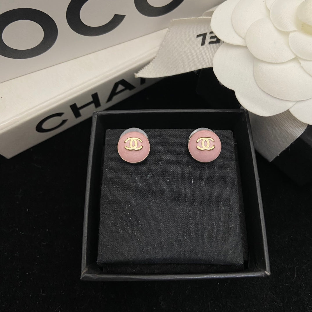Round Stud Earrings in Polished Metal-Tone – Pink Detail front product view