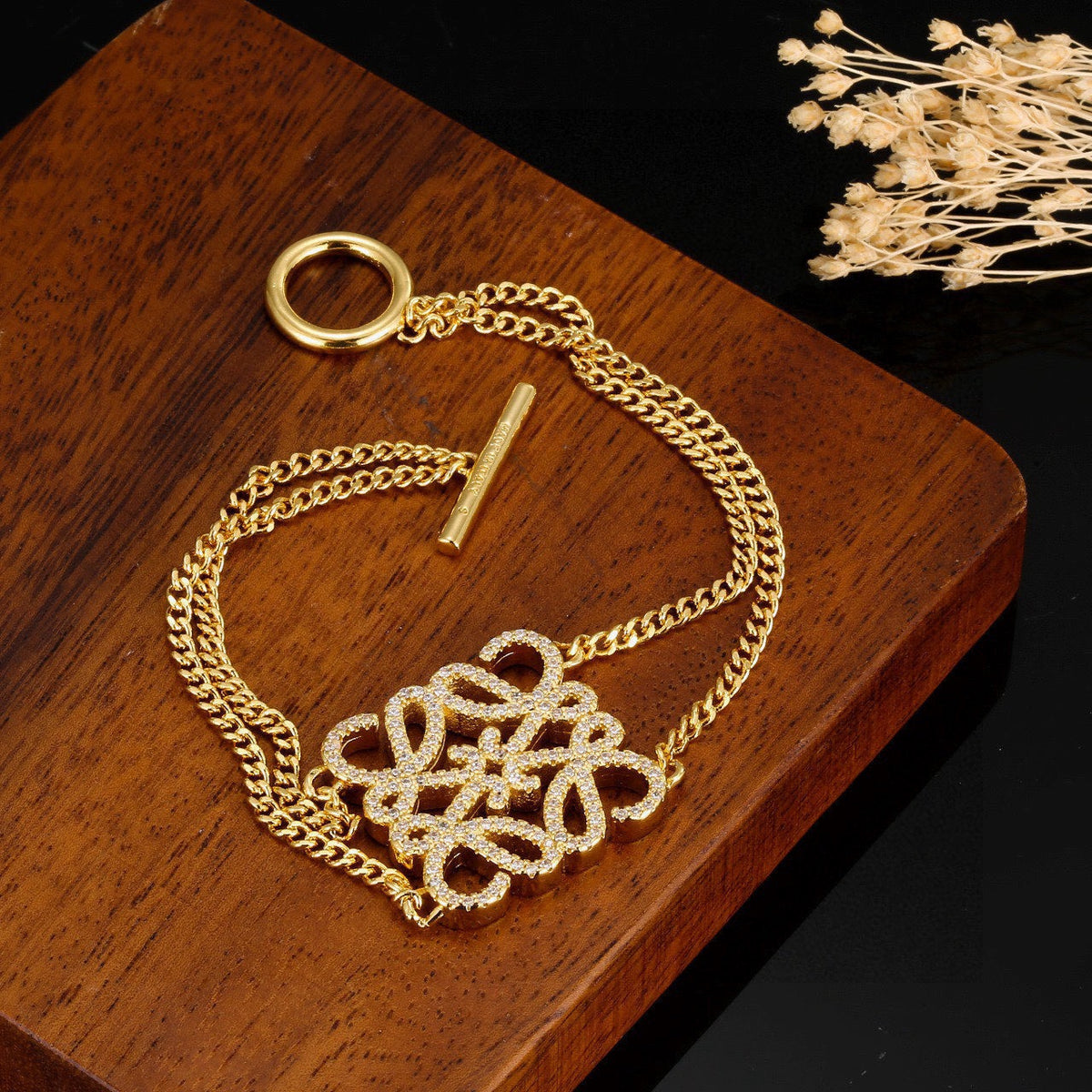 Floral Motif Statement Bracelet in Gold-Tone with Crystal-Style Accents side detail