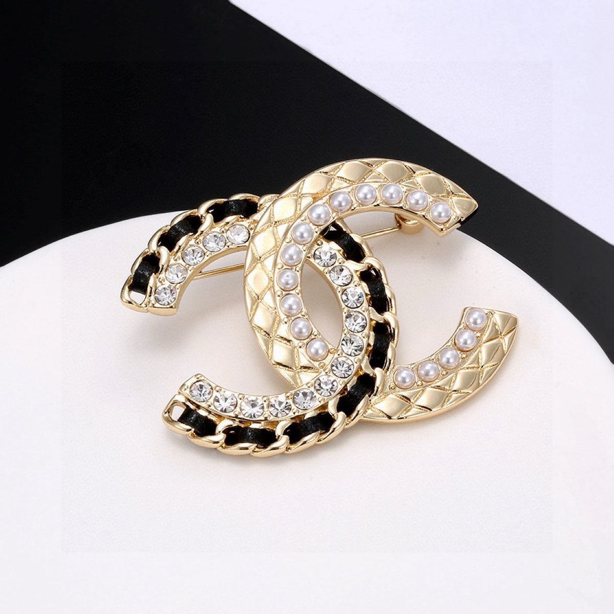 Signature Emblem Brooch in Gold-Tone – Black Detail – Design 002 detail view