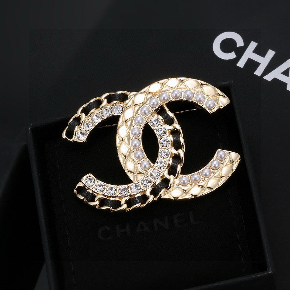 Signature Emblem Brooch in Gold-Tone – Black Detail – Design 002 front product view