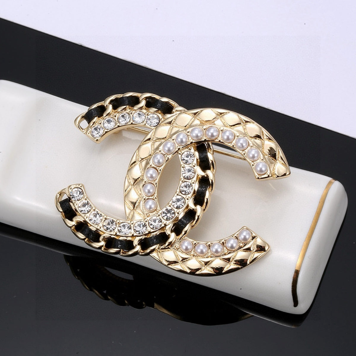 Signature Emblem Brooch in Gold-Tone – Black Detail – Design 002 styled product view