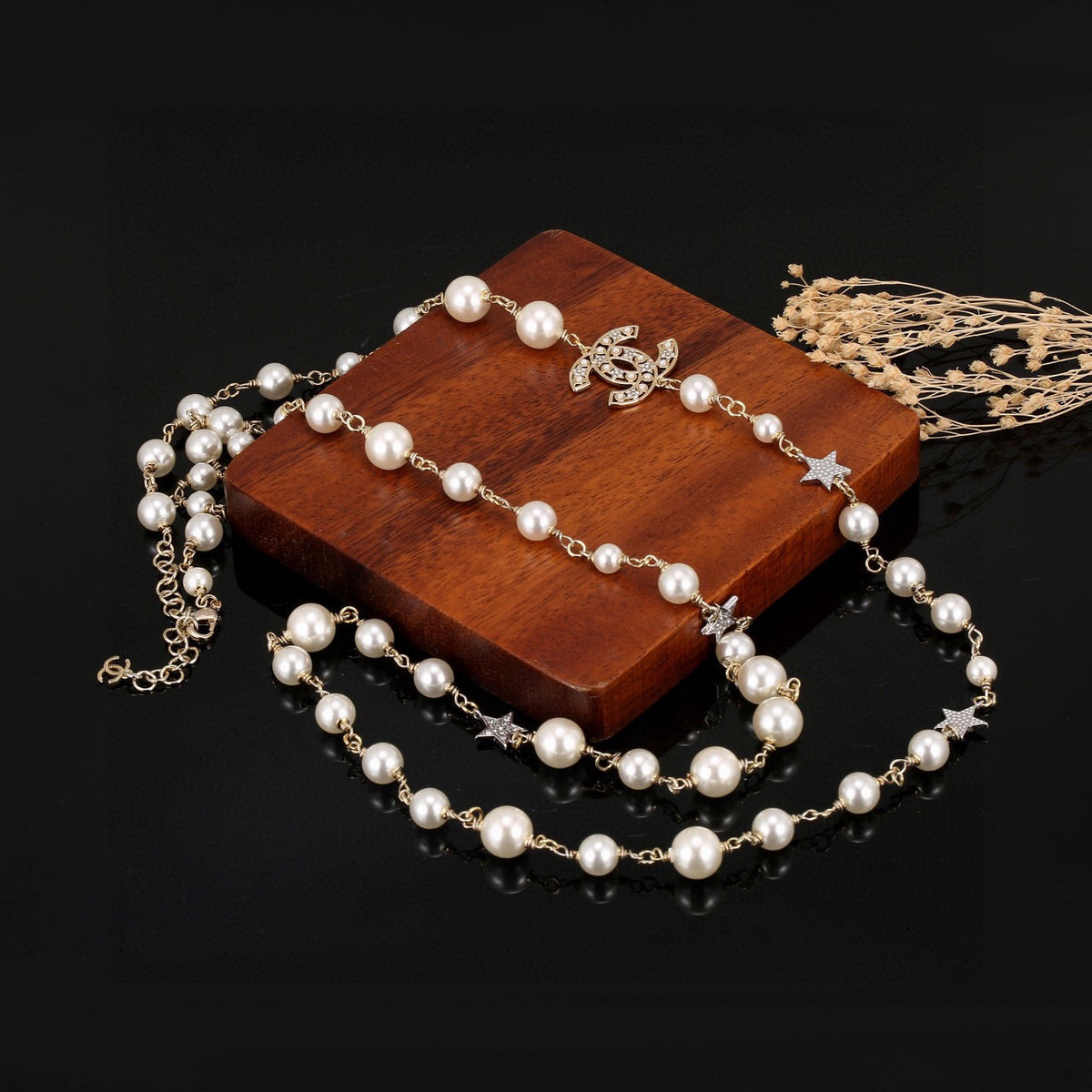 Double-C Emblem Pearl-Detail Pendant Necklace – Pearl Detail – Design 034 front product view