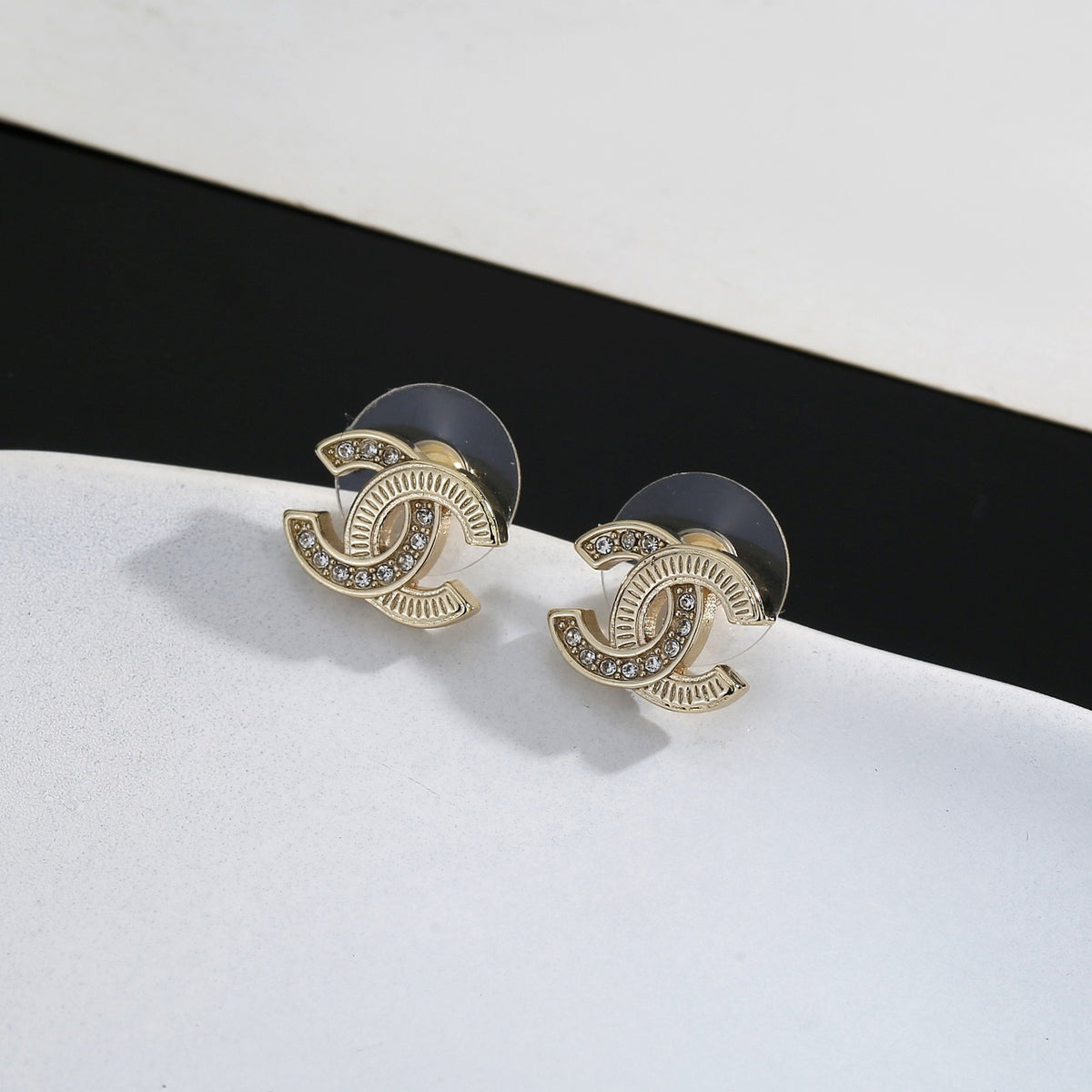 Signature Emblem Stud Earrings in Gold-Tone – Design 019 close-up detail