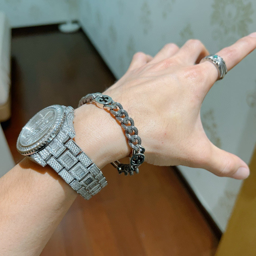 Geometric Emblem Bracelet in Polished Metal-Tone – Design 034 side detail