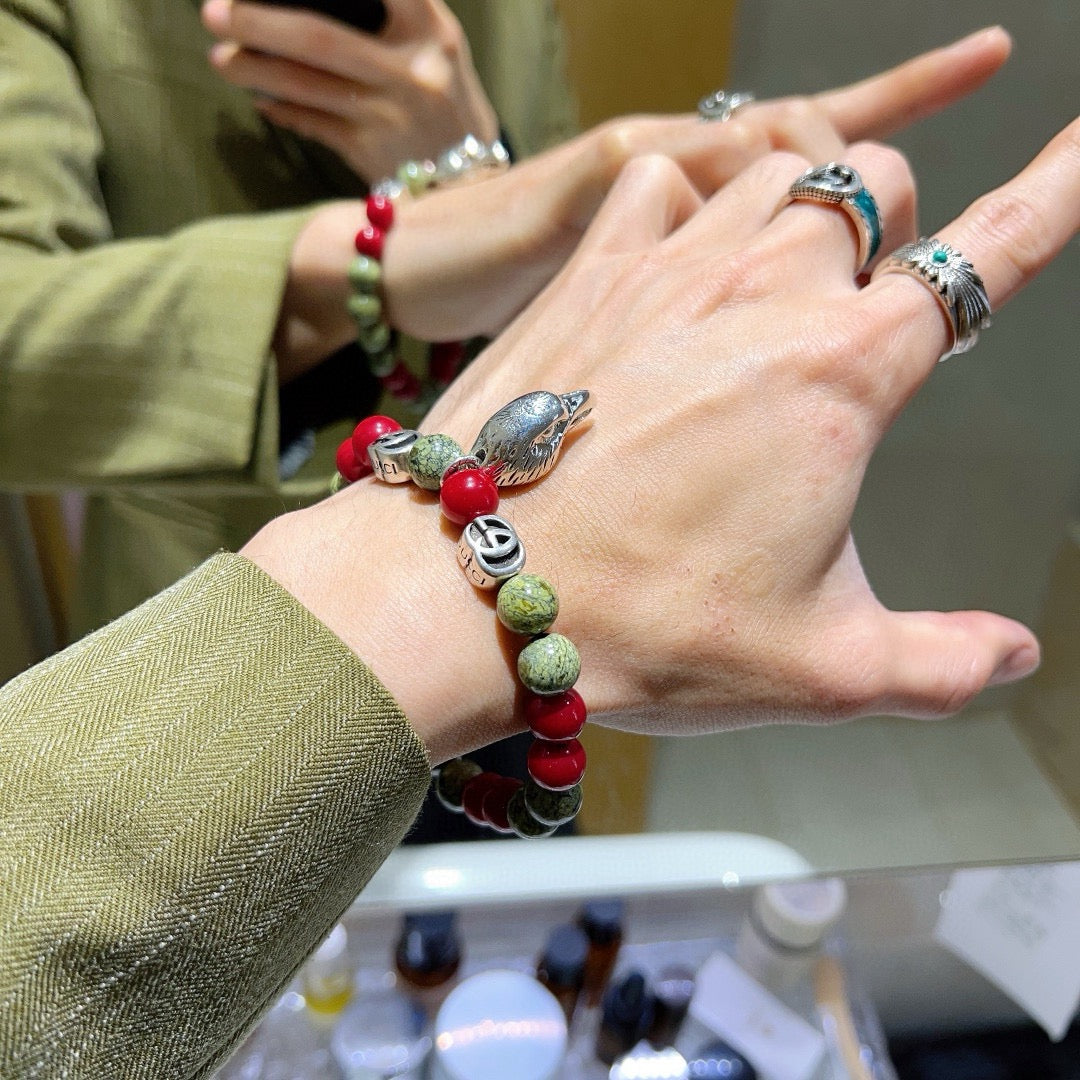 Double-G Emblem Beaded Bracelet in Polished Metal-Tone – Crystal Detail – Design 012 styled product view