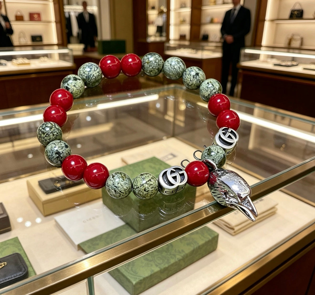 Double-G Emblem Beaded Bracelet in Polished Metal-Tone – Crystal Detail – Design 012 detail view