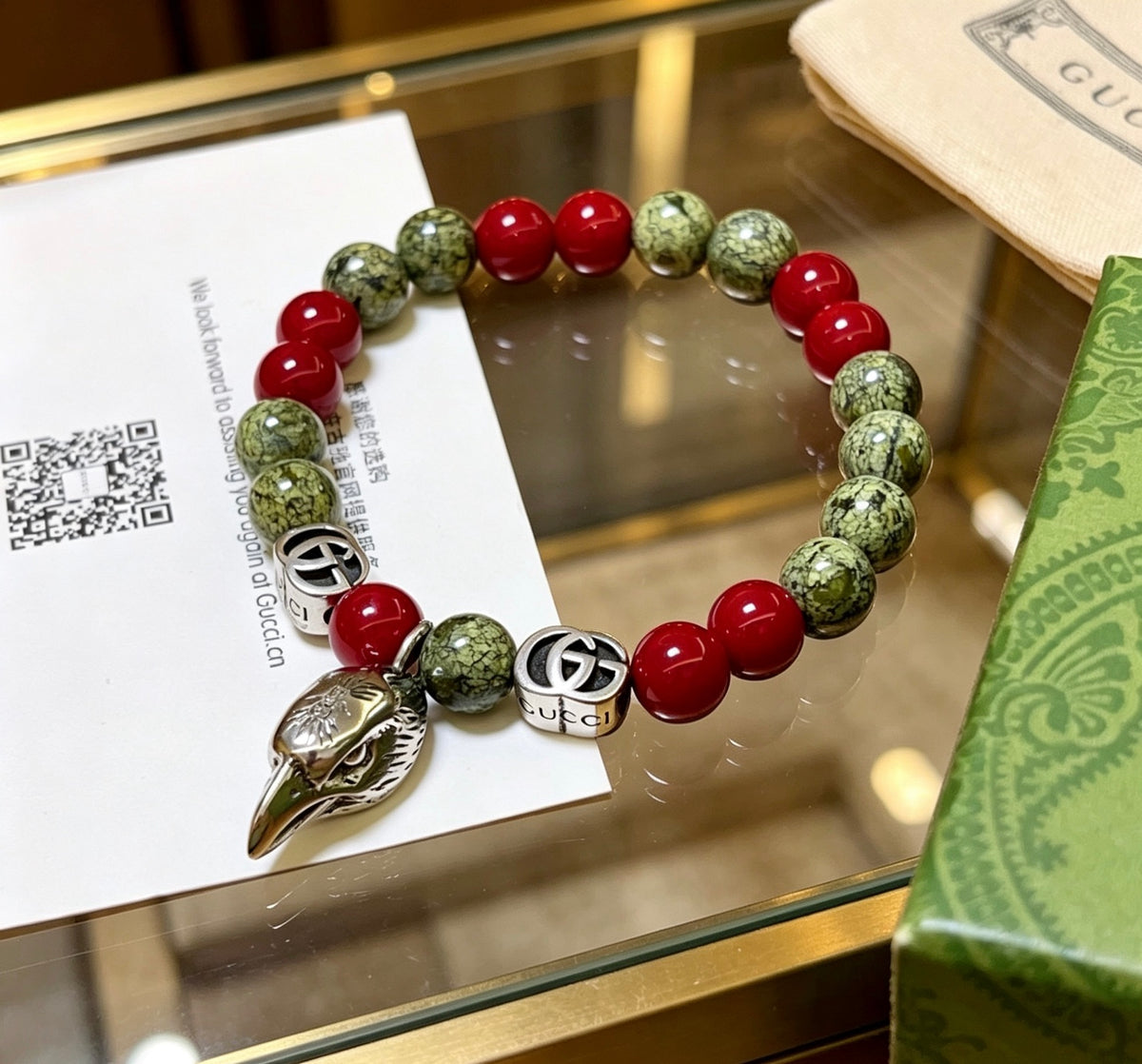 Double-G Emblem Beaded Bracelet in Polished Metal-Tone – Crystal Detail – Design 012 side detail