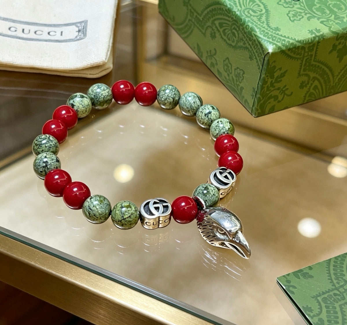 Double-G Emblem Beaded Bracelet in Polished Metal-Tone – Crystal Detail – Design 012 main product view