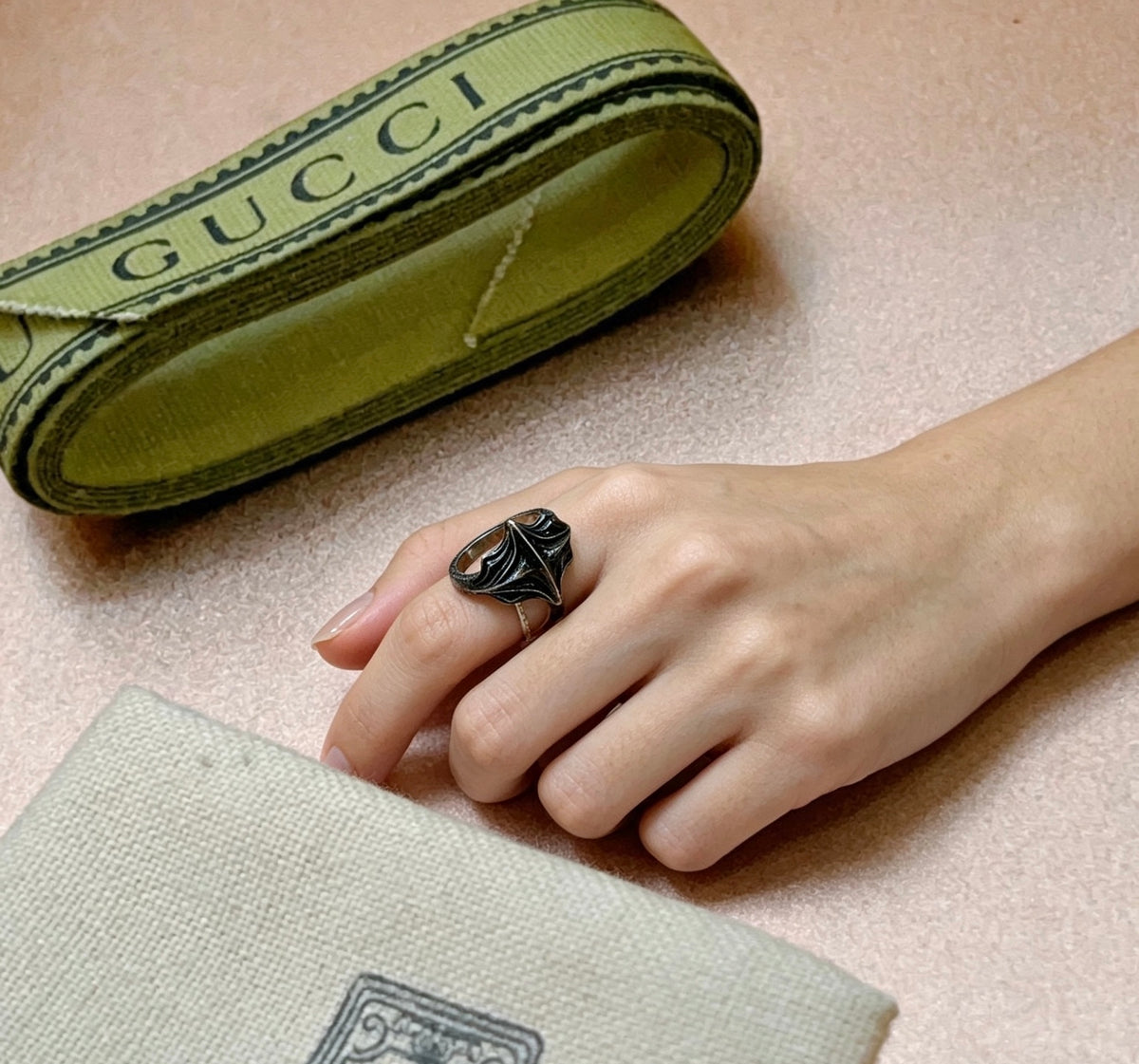 Double-G Emblem Statement Ring in Polished Metal-Tone – Design 002 detail view
