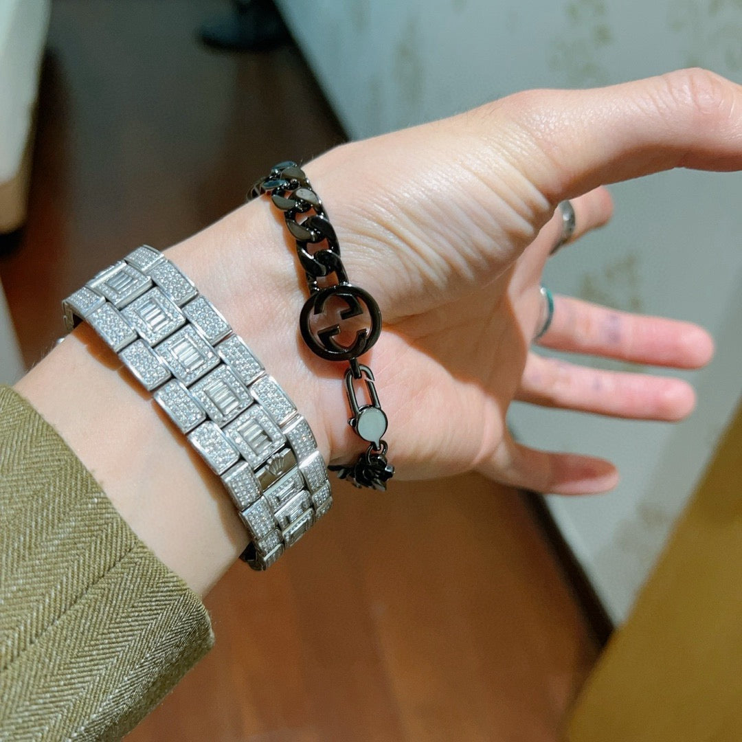 Geometric Emblem Bracelet in Polished Metal-Tone – Design 030 side detail