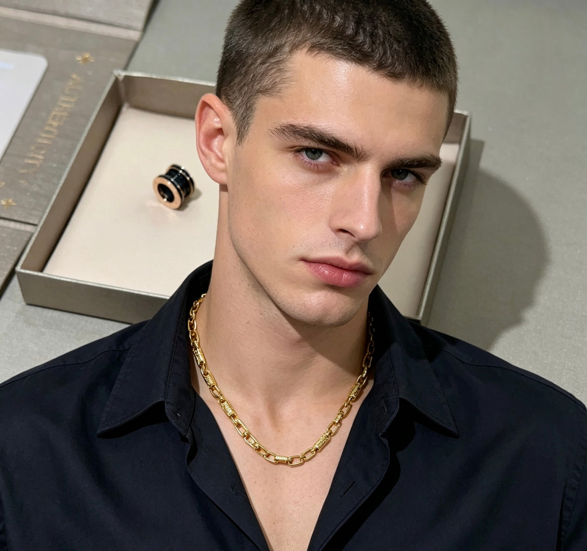 Geometric Emblem Statement Ring in Gold-Tone – Design 010 detail view