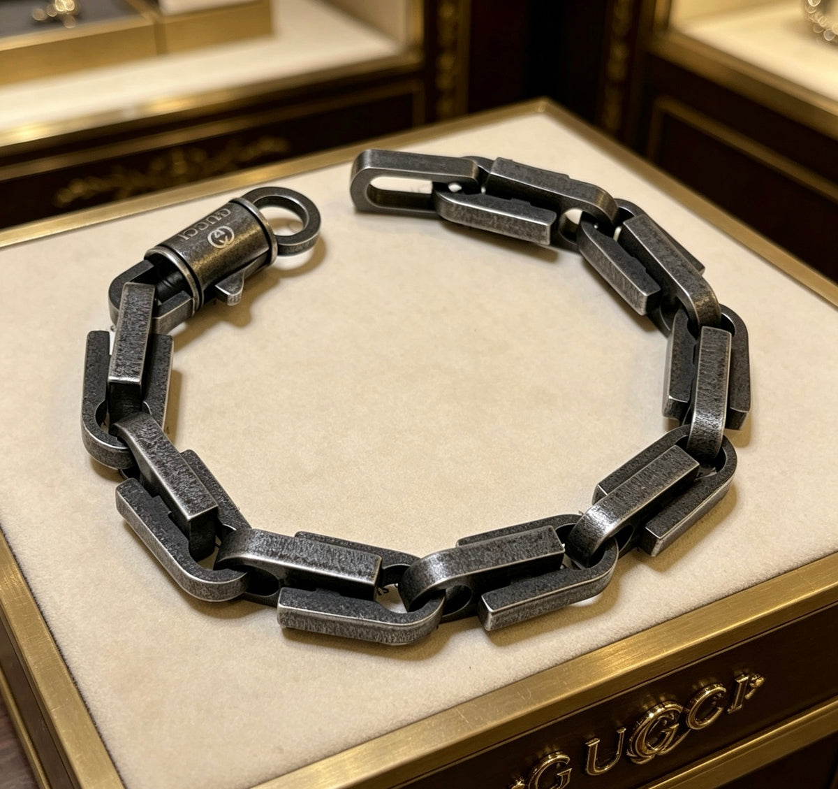 Geometric Emblem Bracelet in Polished Metal-Tone – Vintage Detail – Design 006 front product view