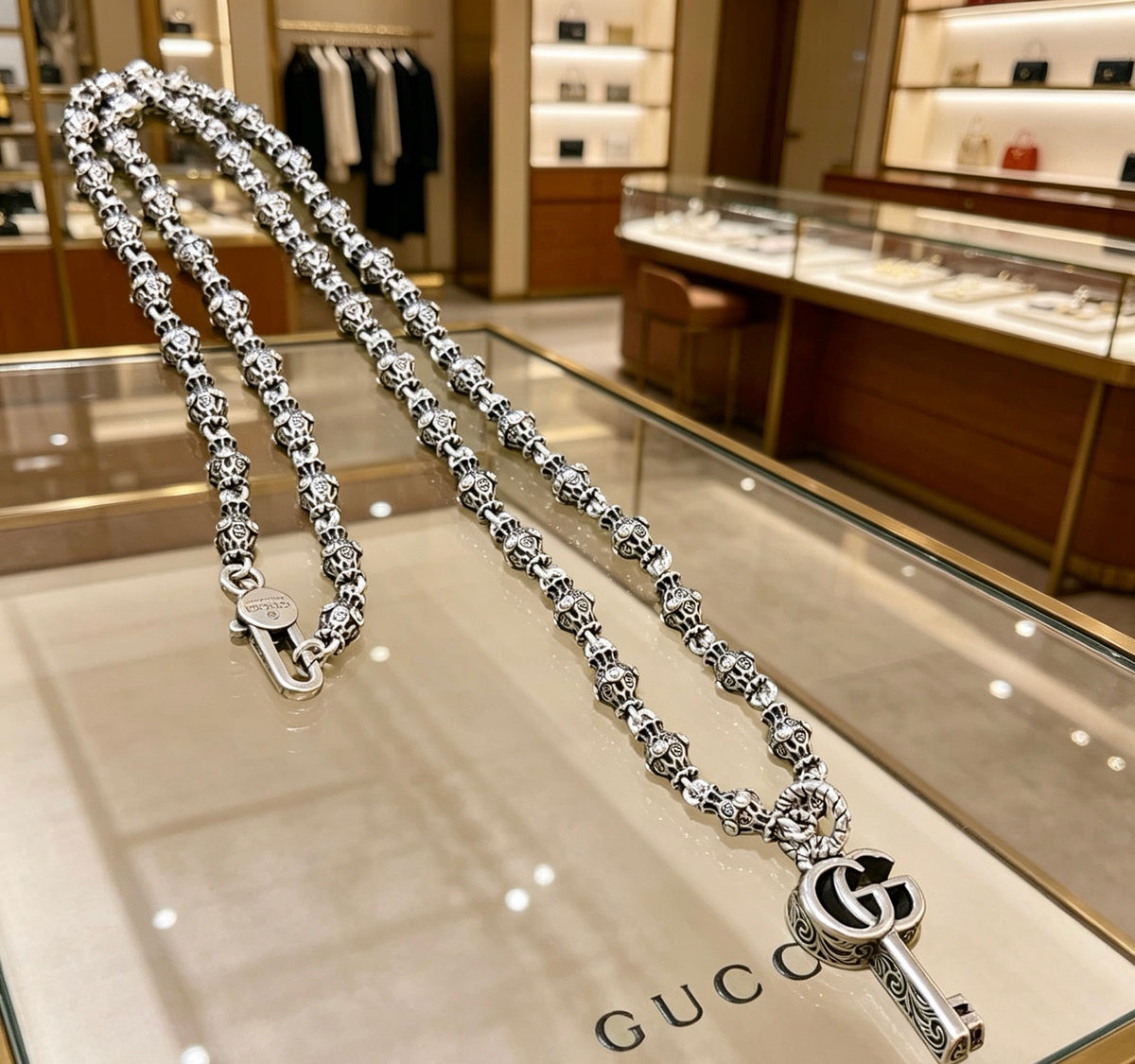 Double-G Emblem Pendant Necklace in Polished Metal-Tone – Design 106 main product view