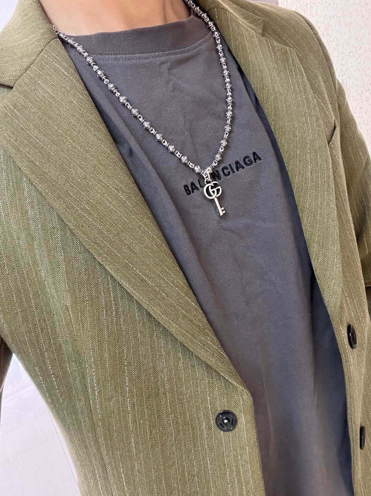 Double-G Emblem Pendant Necklace in Polished Metal-Tone – Design 106 styled product view