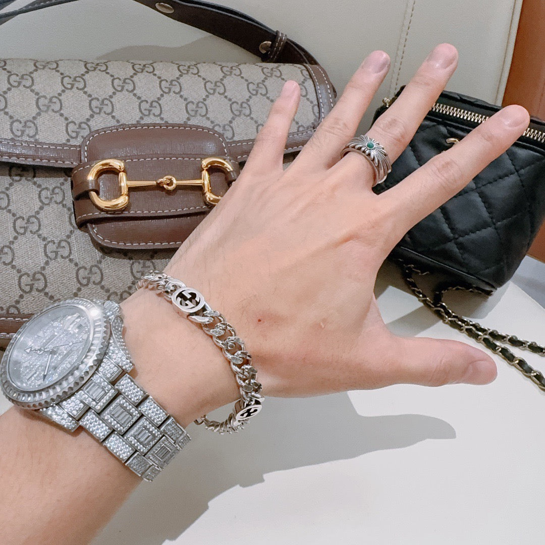 Geometric Emblem Bracelet in Polished Metal-Tone – Design 053 detail view