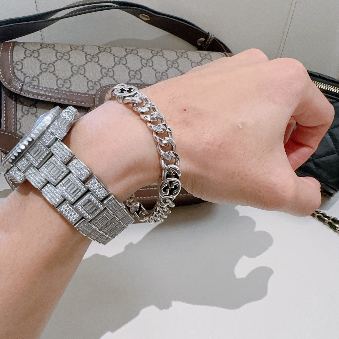 Geometric Emblem Bracelet in Polished Metal-Tone – Design 053 side detail
