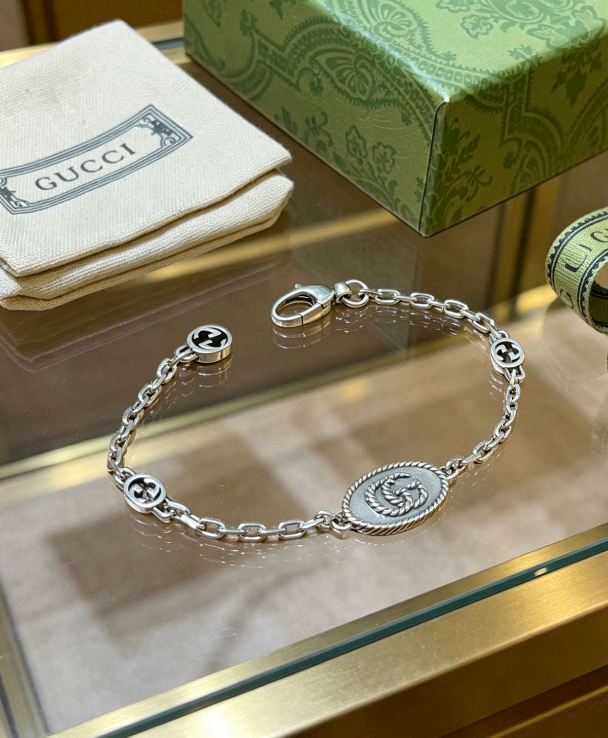 Geometric Emblem Bracelet in Polished Metal-Tone – Design 054 close-up detail