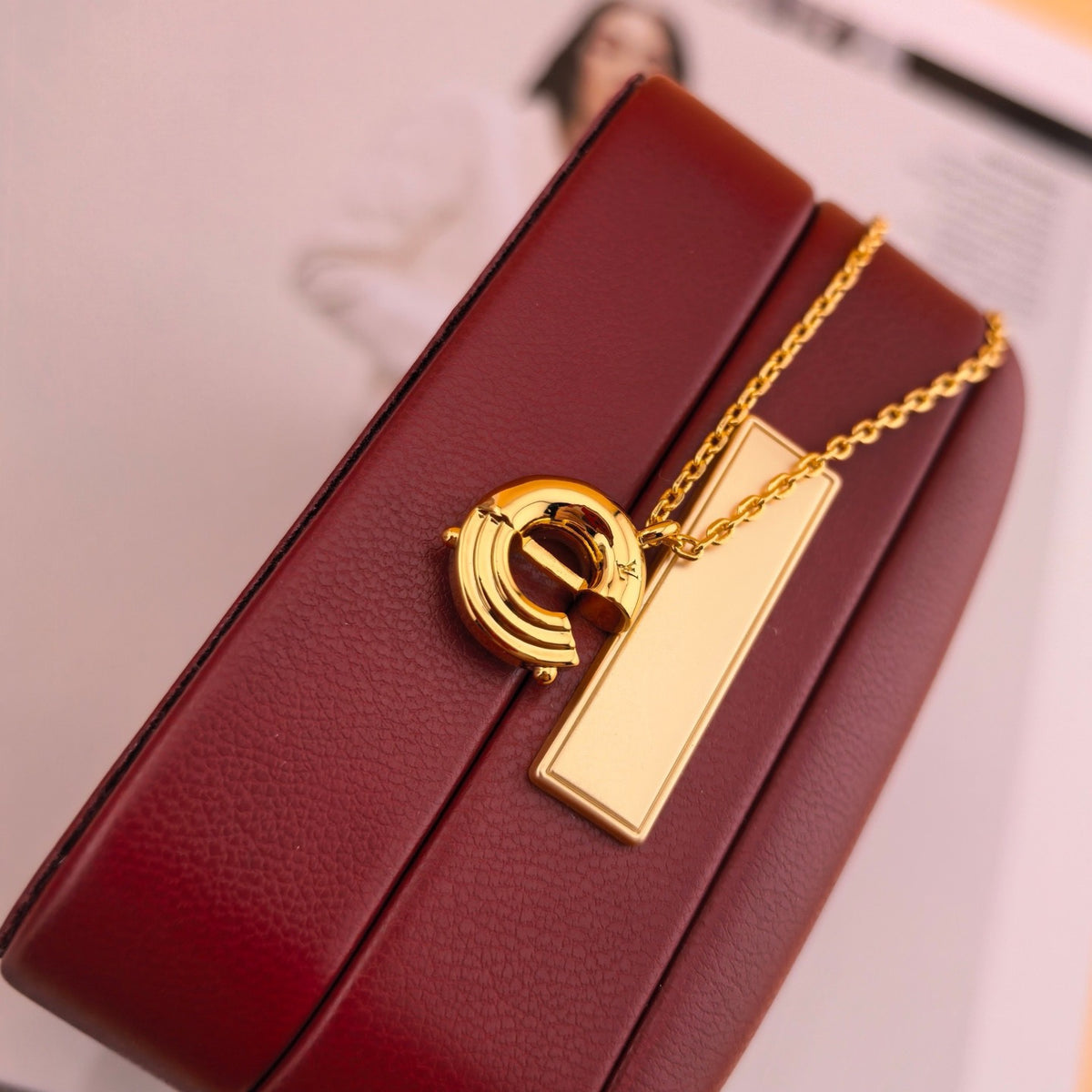 Geometric Emblem Pendant Necklace in Polished Metal-Tone – Design 014 front product view