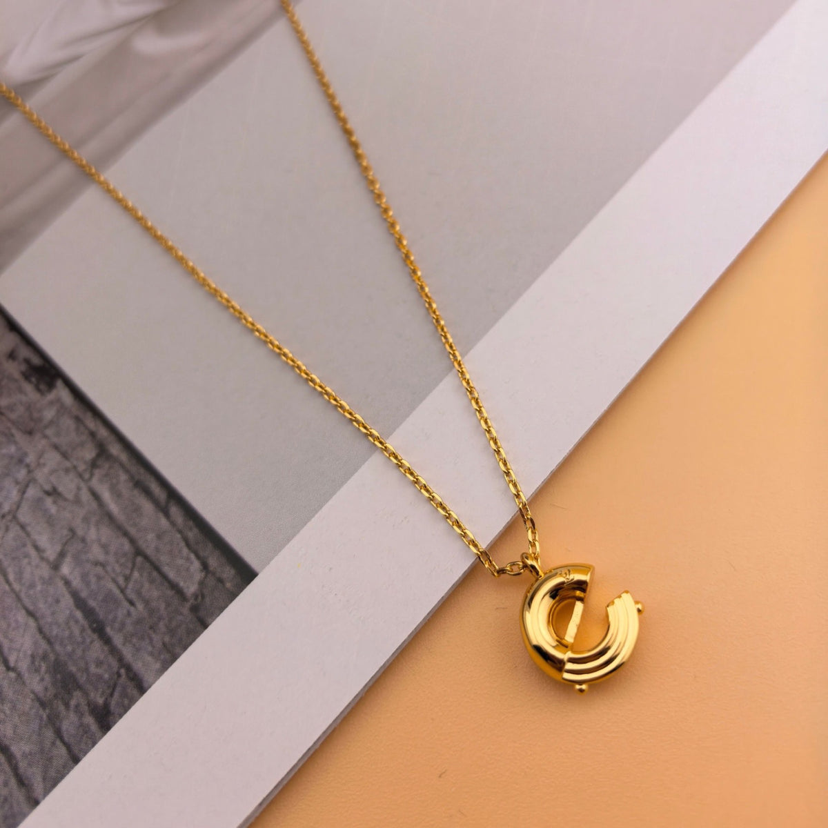 Geometric Emblem Pendant Necklace in Polished Metal-Tone – Design 014 detail view