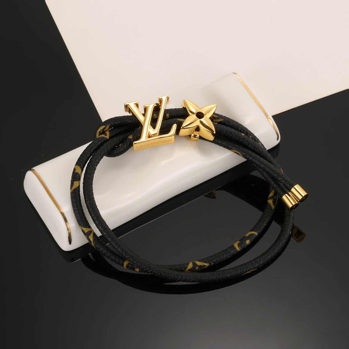 Geometric Emblem Leather-Detail Bracelet – Leather Detail – Design 008 front product view