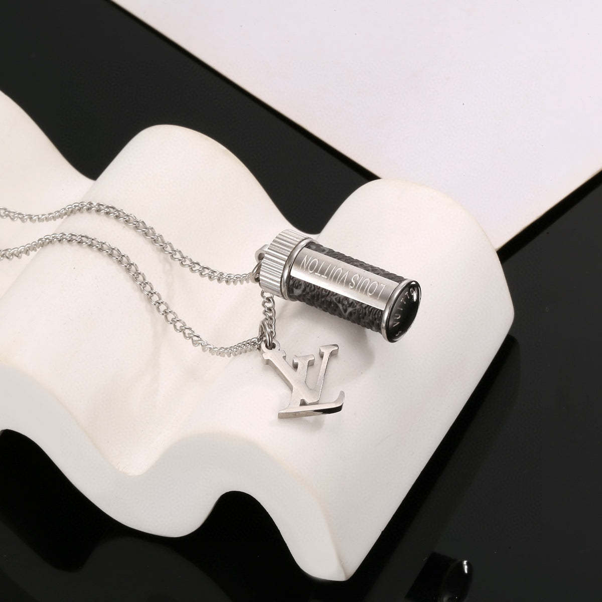 Letter Emblem Pendant Necklace in Polished Metal-Tone – Design 017 styled product view