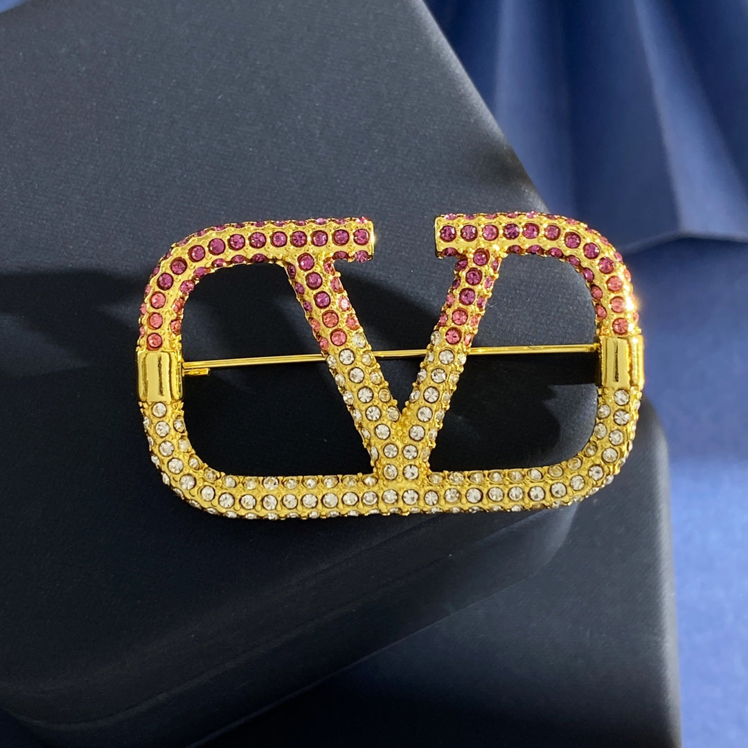 V Emblem Crystal-Accent Brooch detail view