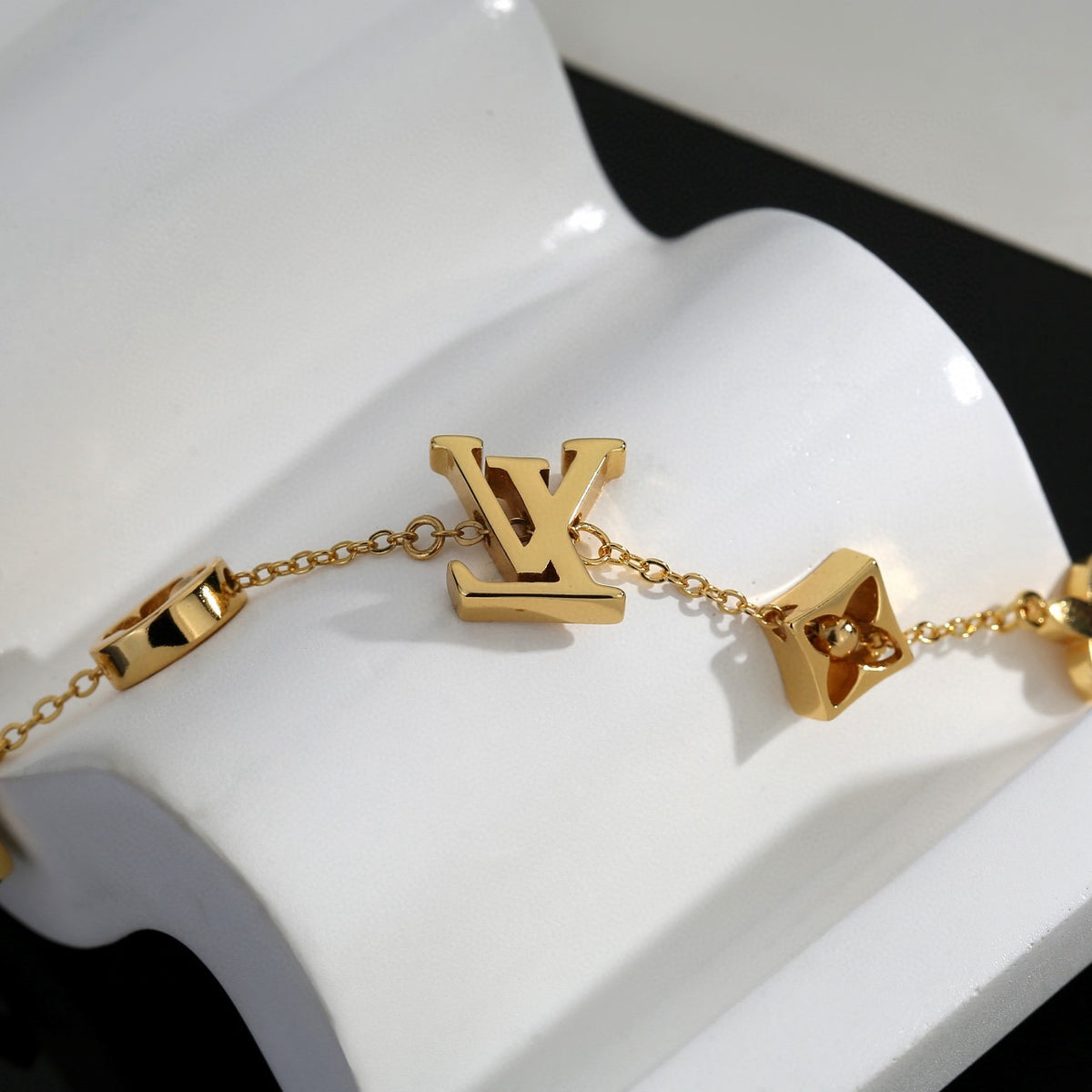 Letter Emblem Bracelet in Polished Metal-Tone – Design 022 side detail