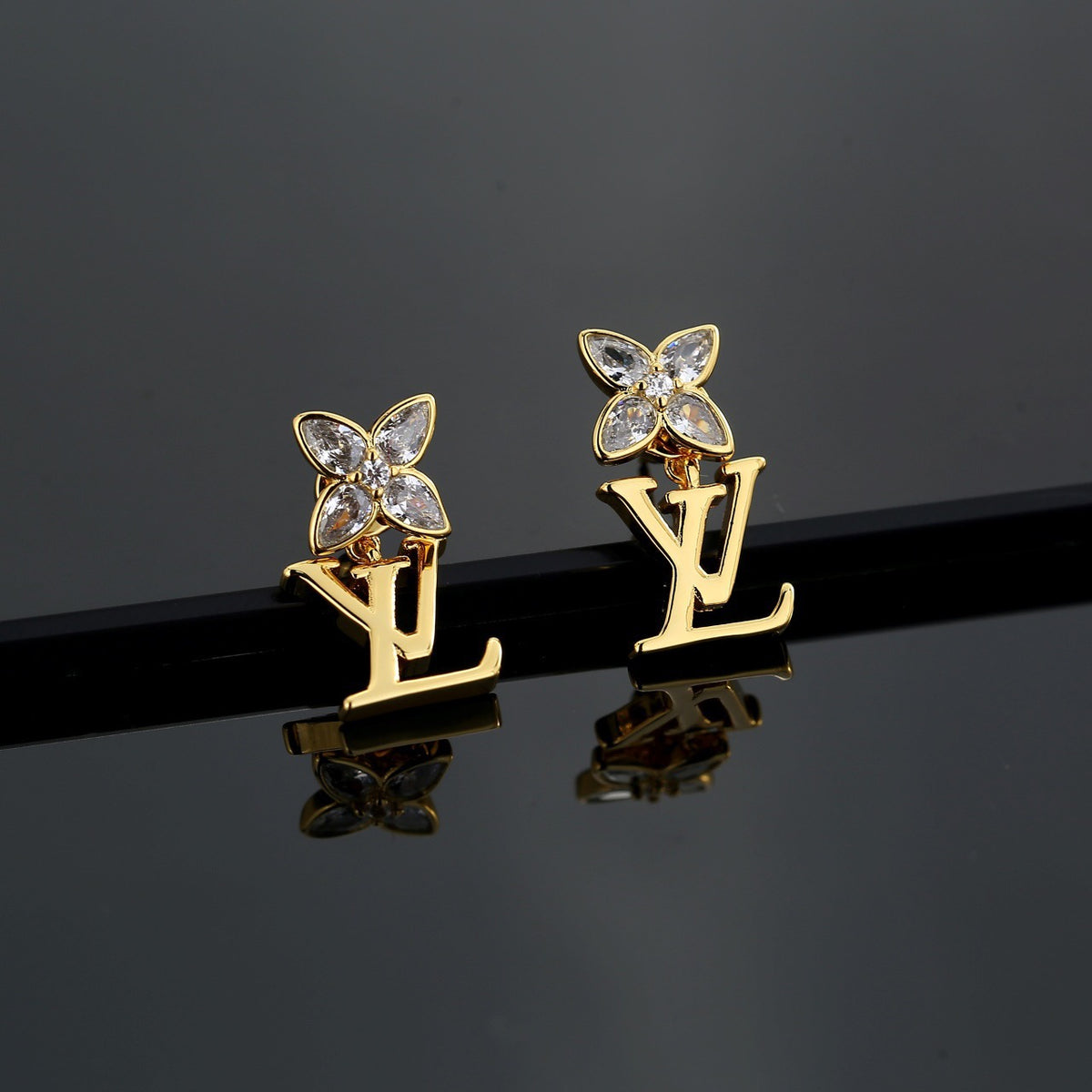 Geometric Emblem Stud Earrings in Polished Metal-Tone – Design 021 front product view
