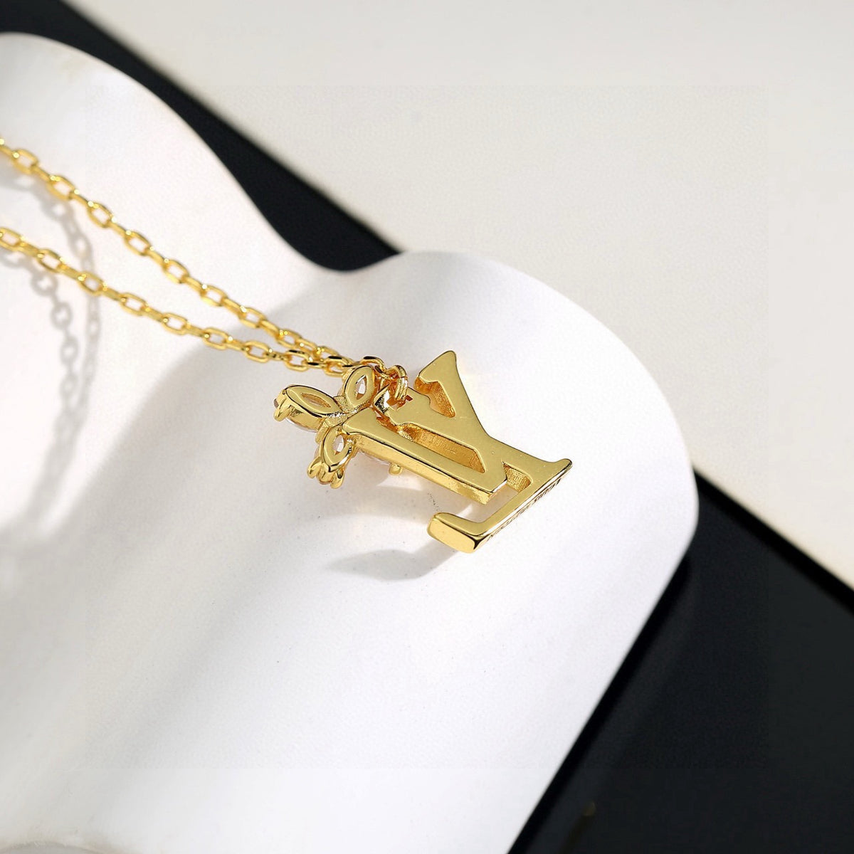 Letter Emblem Pendant Necklace in Gold-Tone – Design 005 front product view