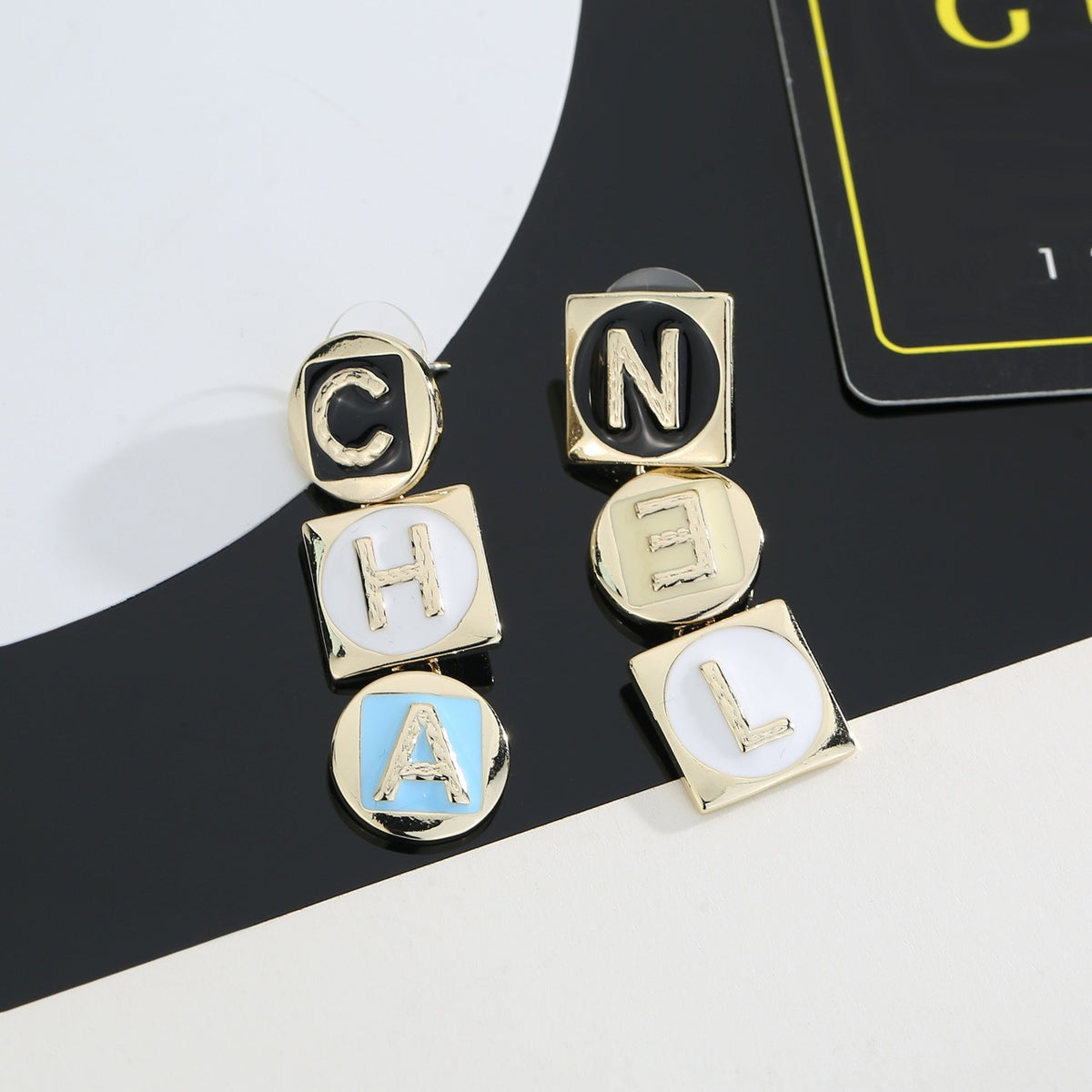Letter Stud Earrings in Polished Metal-Tone – Design 009 detail view