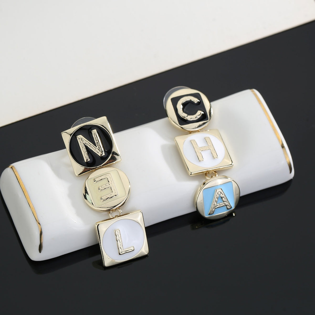 Letter Stud Earrings in Polished Metal-Tone – Design 009 side detail