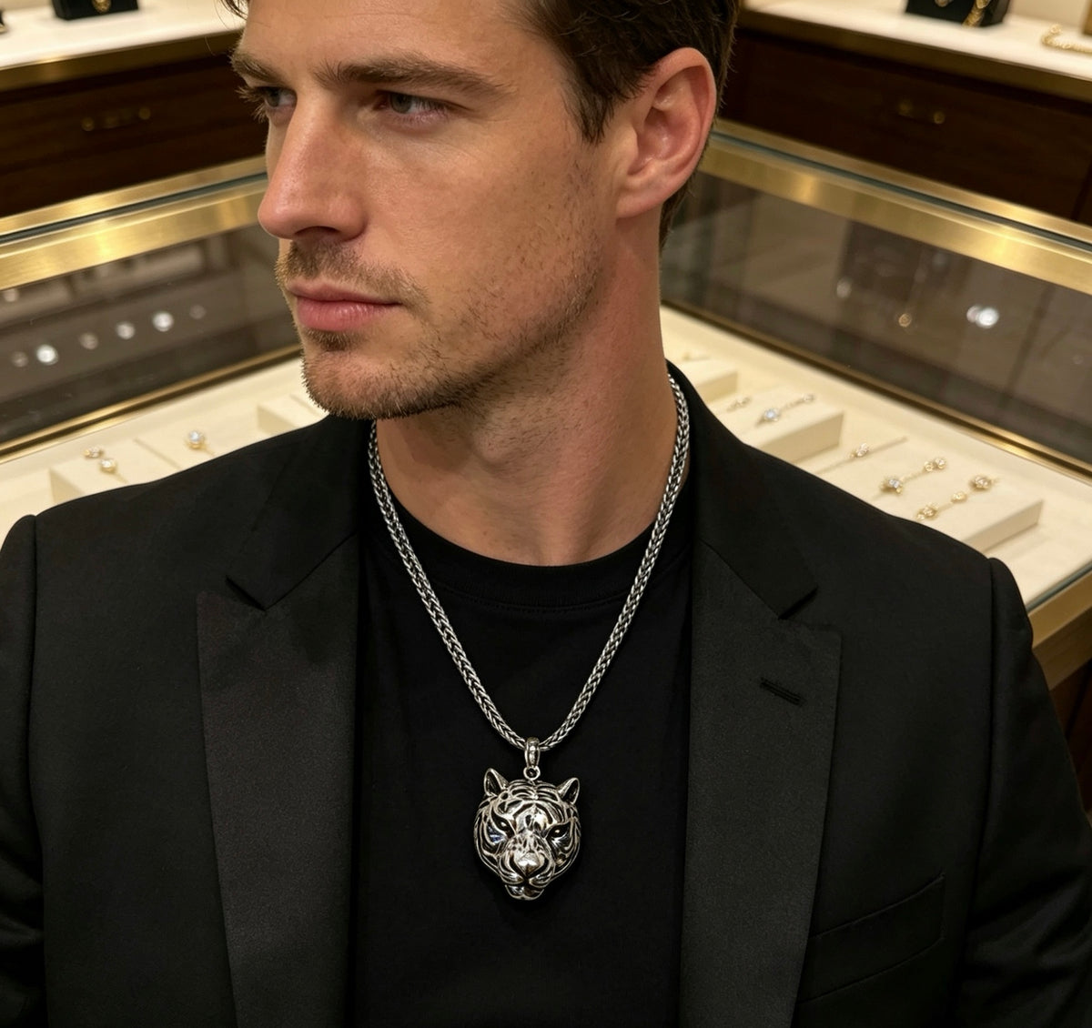 Double-G Emblem Pendant Necklace in Silver-Tone – Vintage Detail – Design 025 styled product view