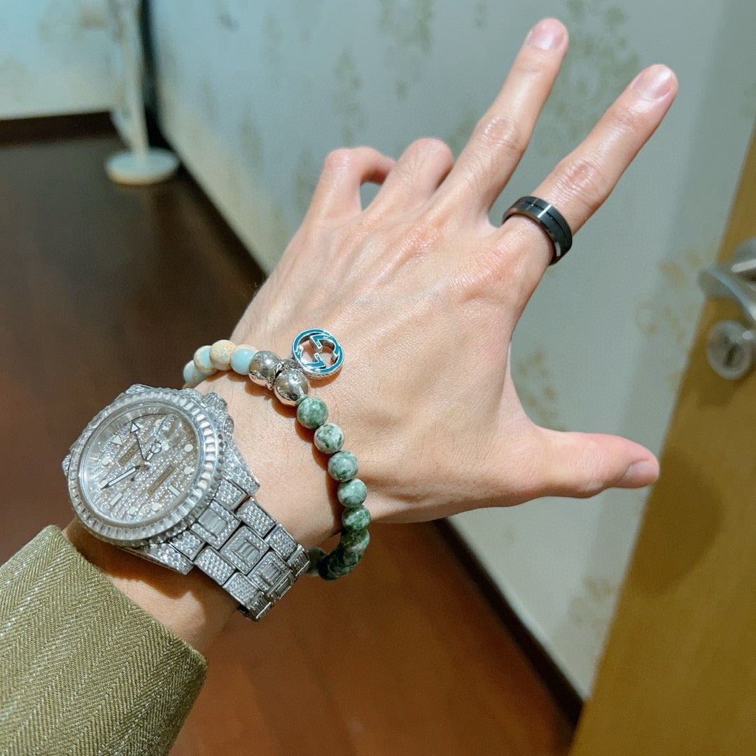 Double-G Emblem Beaded Bracelet in Polished Metal-Tone – Crystal Detail – Design 013 main product view