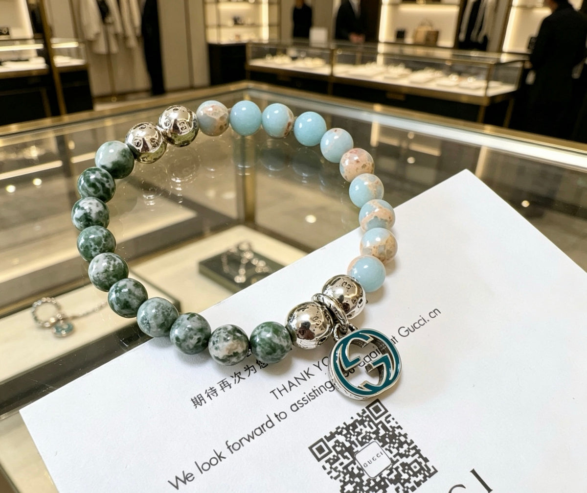 Double-G Emblem Beaded Bracelet in Polished Metal-Tone – Crystal Detail – Design 013 detail view