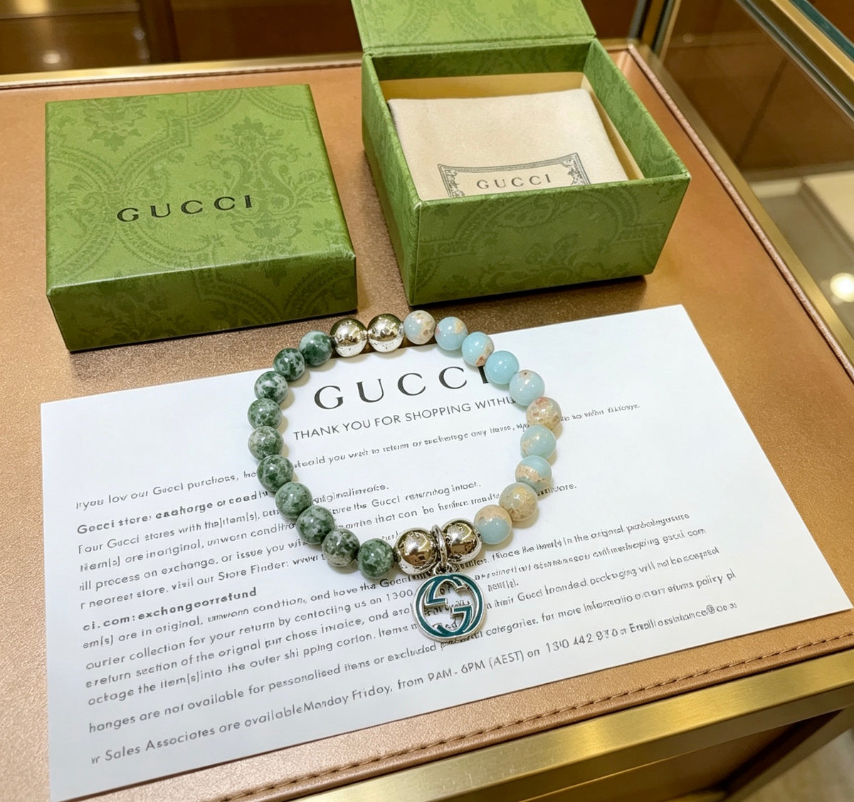 Double-G Emblem Beaded Bracelet in Polished Metal-Tone – Crystal Detail – Design 013 front product view