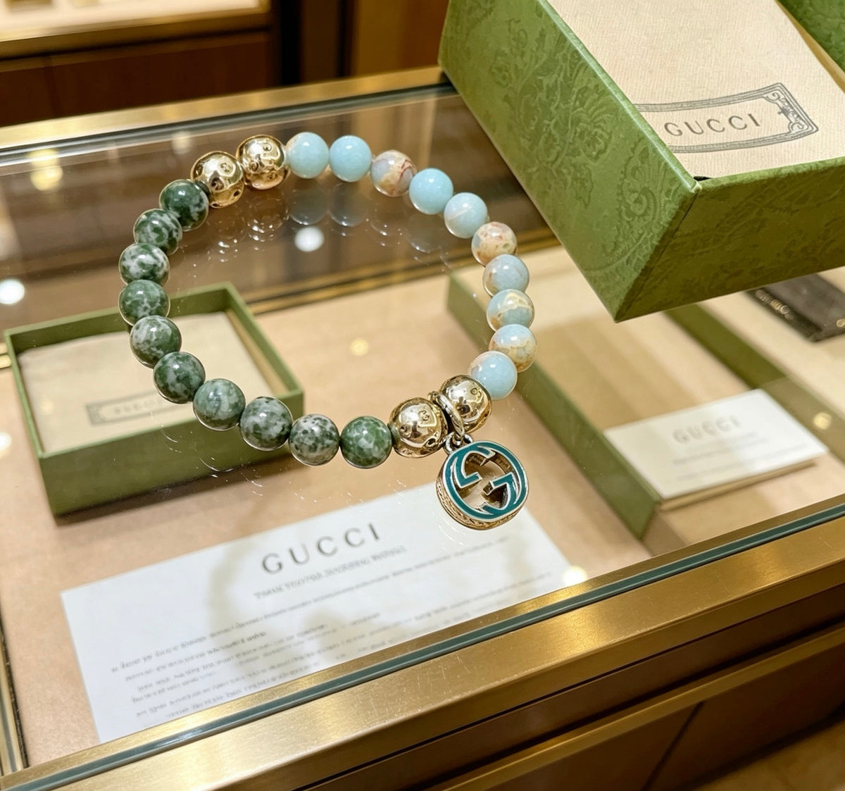Double-G Emblem Beaded Bracelet in Polished Metal-Tone – Crystal Detail – Design 013 front product view