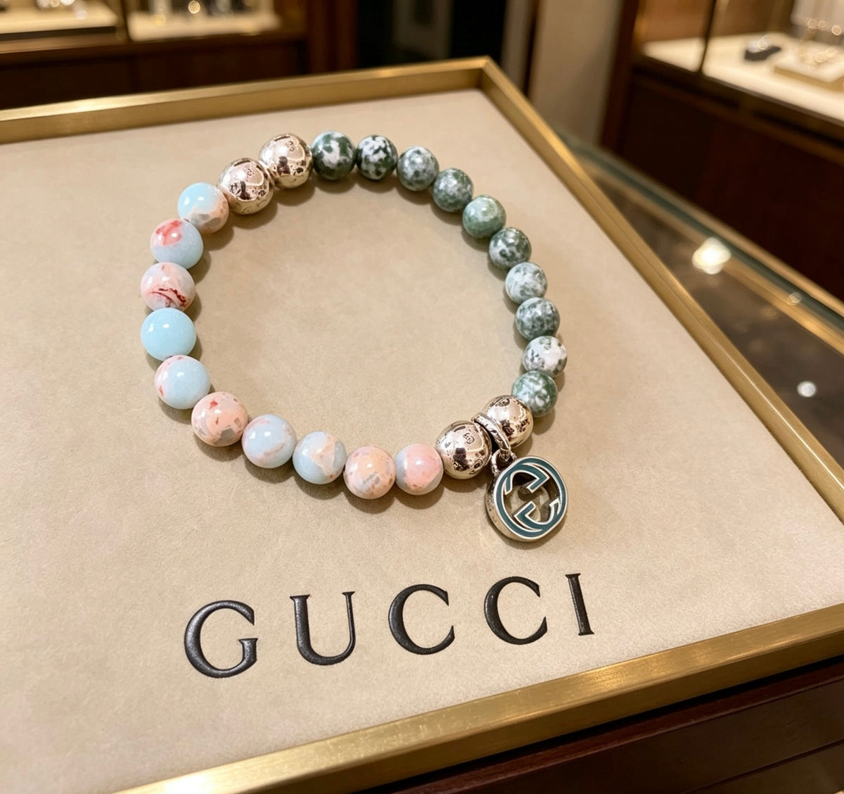 Double-G Emblem Beaded Bracelet in Polished Metal-Tone – Crystal Detail – Design 013 main product view