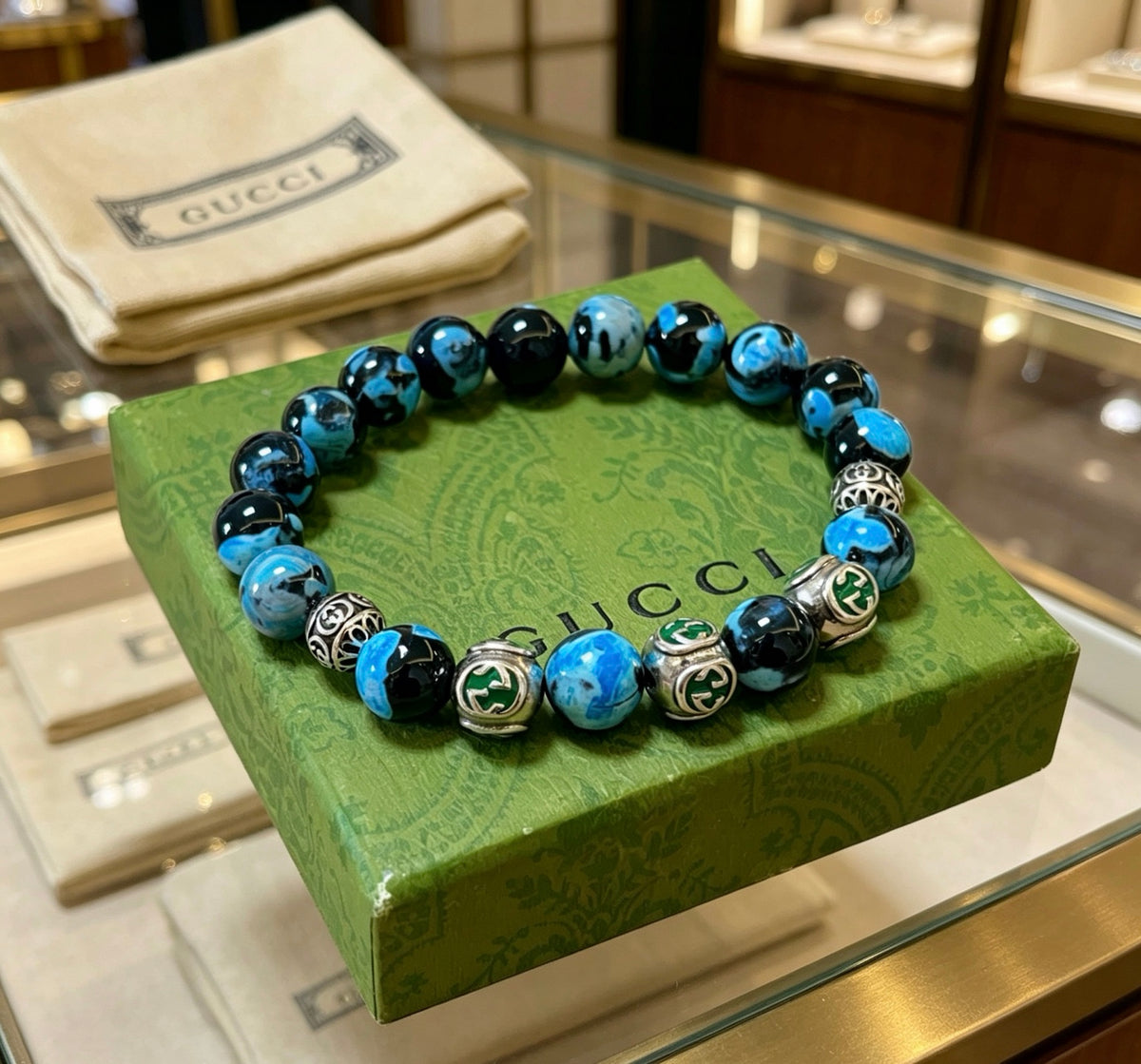 Double-G Emblem Beaded Bracelet in Polished Metal-Tone – Agate Detail – Design 014 main product view