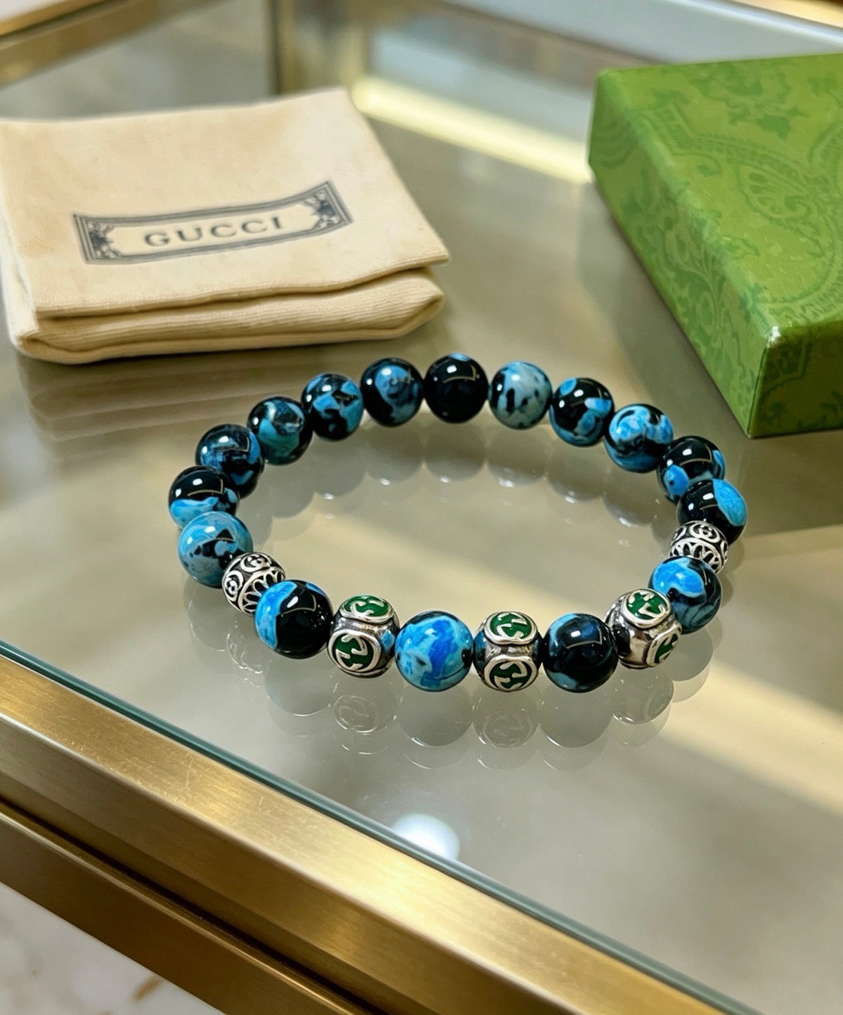 Double-G Emblem Beaded Bracelet in Polished Metal-Tone – Agate Detail – Design 014 front product view