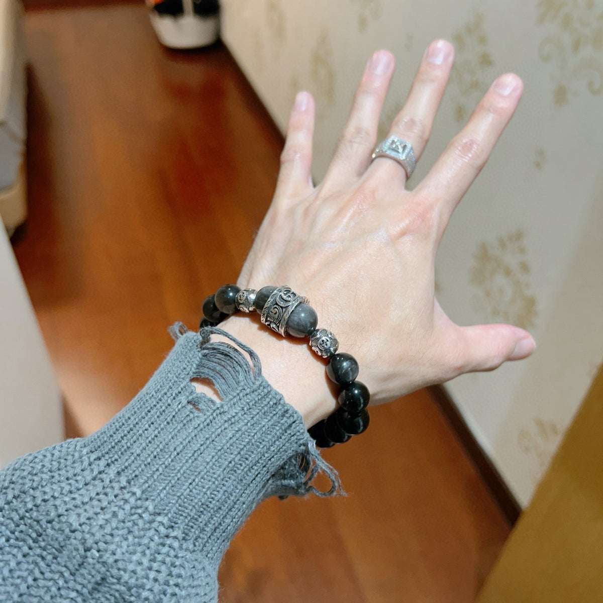 Geometric Emblem Bracelet in Polished Metal-Tone – Vintage Detail – Design 007 detail view