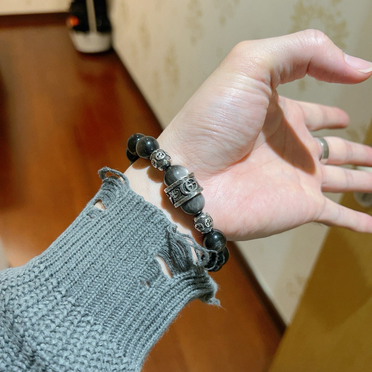 Geometric Emblem Bracelet in Polished Metal-Tone – Vintage Detail – Design 007 side detail
