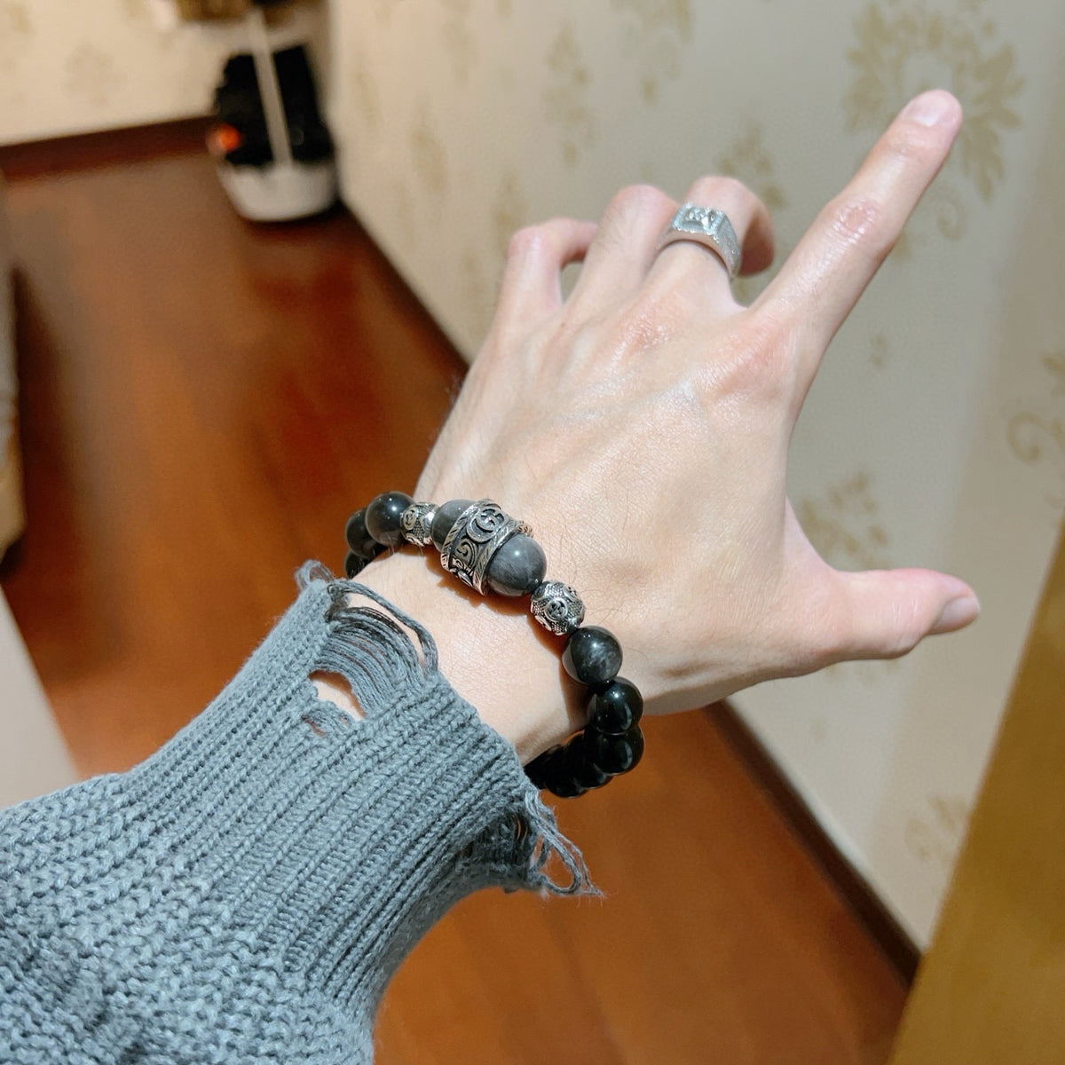 Geometric Emblem Bracelet in Polished Metal-Tone – Vintage Detail – Design 007 main product view