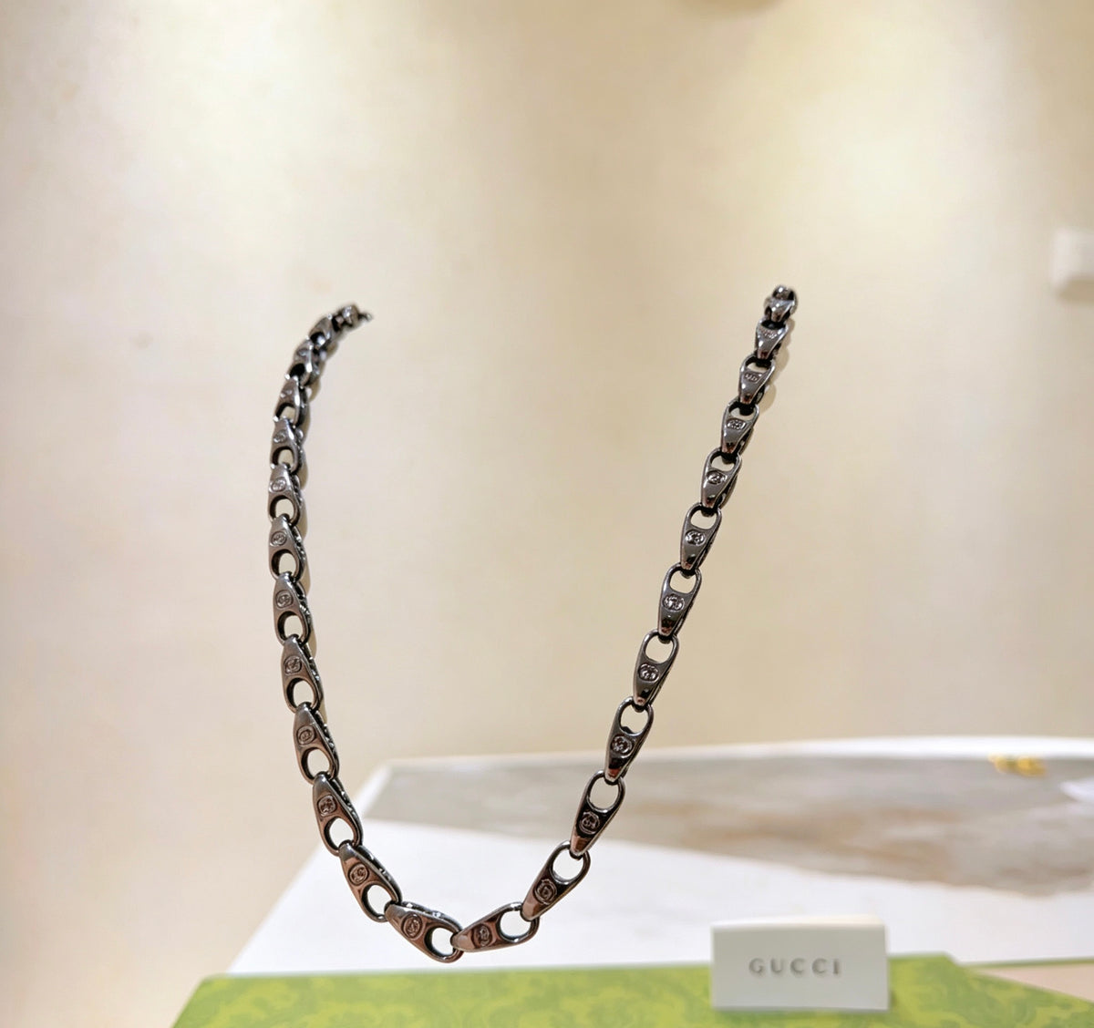 Chain Pendant Necklace in Polished Metal-Tone – Vintage Detail – Design 003 styled product view