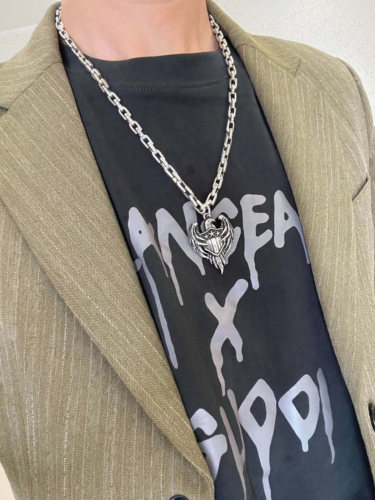 Double-G Emblem Pendant Necklace in Polished Metal-Tone – Vintage Detail – Design 031 main product view